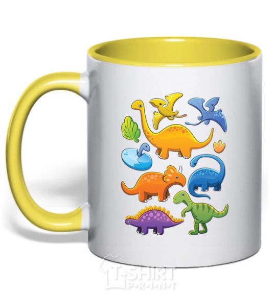 Mug with a colored handle Little dinos art yellow фото