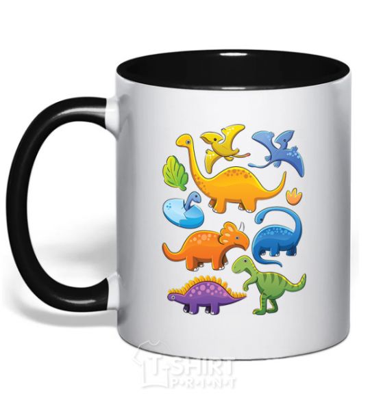 Mug with a colored handle Little dinos art black фото