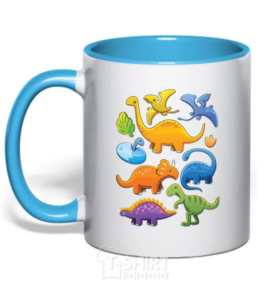 Mug with a colored handle Little dinos art sky-blue фото