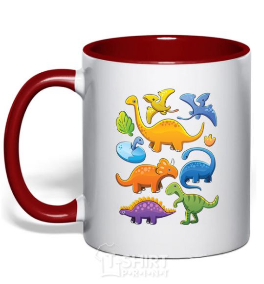 Mug with a colored handle Little dinos art red фото