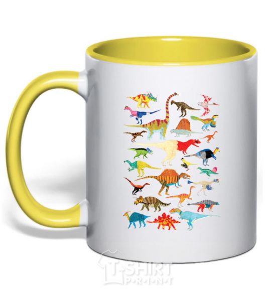 Mug with a colored handle Multicolor dinos yellow фото