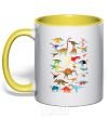 Mug with a colored handle Multicolor dinos yellow фото