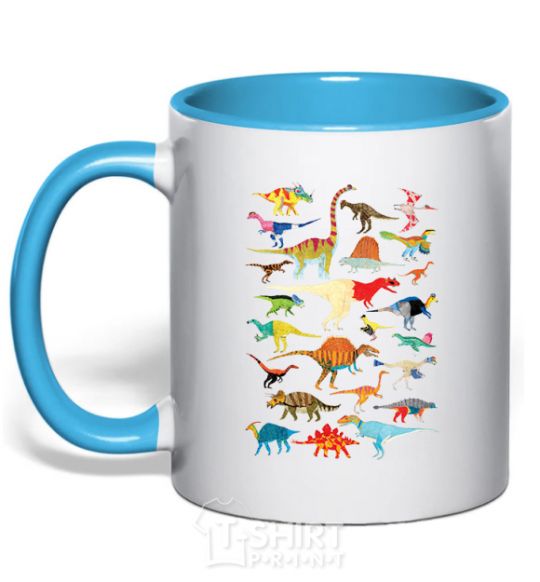 Mug with a colored handle Multicolor dinos sky-blue фото