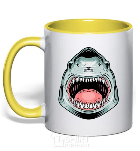 Mug with a colored handle Angry Shark yellow фото