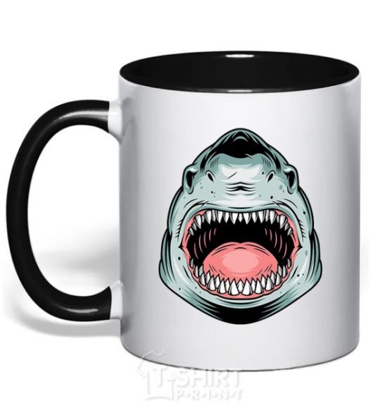 Mug with a colored handle Angry Shark black фото