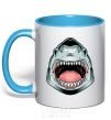 Mug with a colored handle Angry Shark sky-blue фото