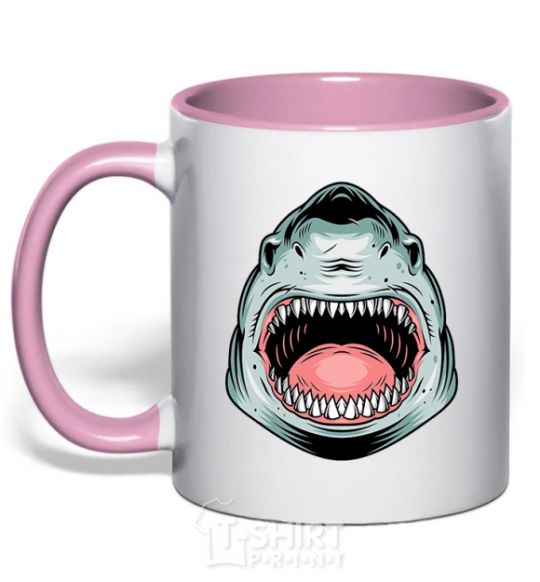 Mug with a colored handle Angry Shark light-pink фото