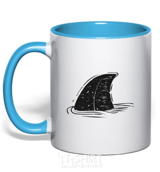 Mug with a colored handle Shark fin sky-blue фото