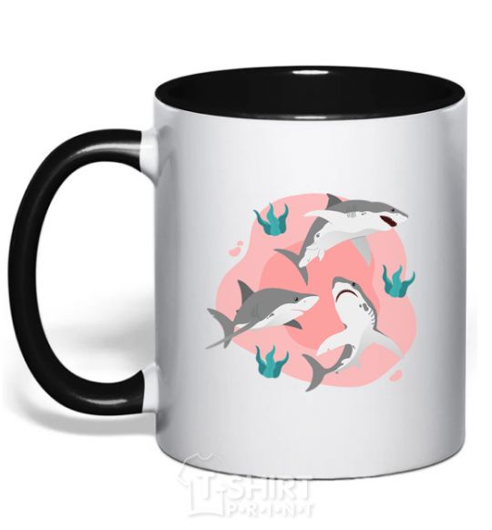 Mug with a colored handle Sharks in pink black фото