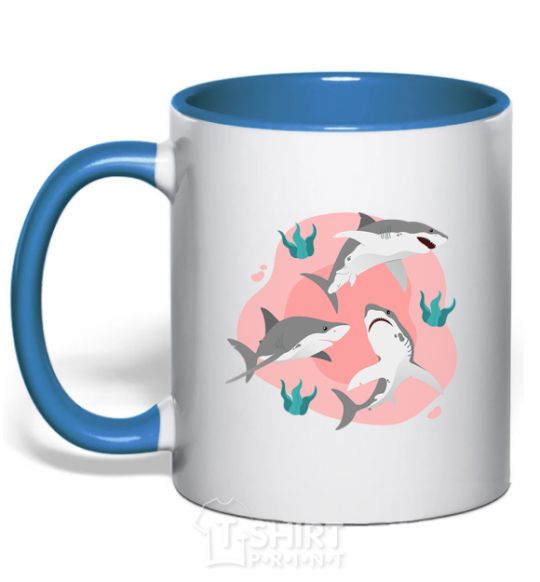 Mug with a colored handle Sharks in pink royal-blue фото