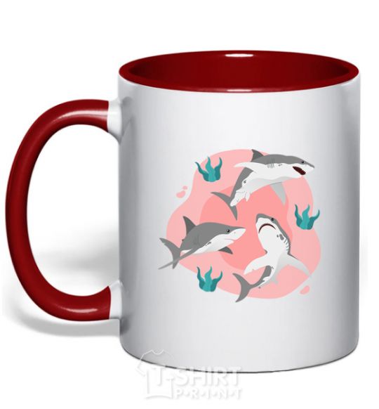 Mug with a colored handle Sharks in pink red фото