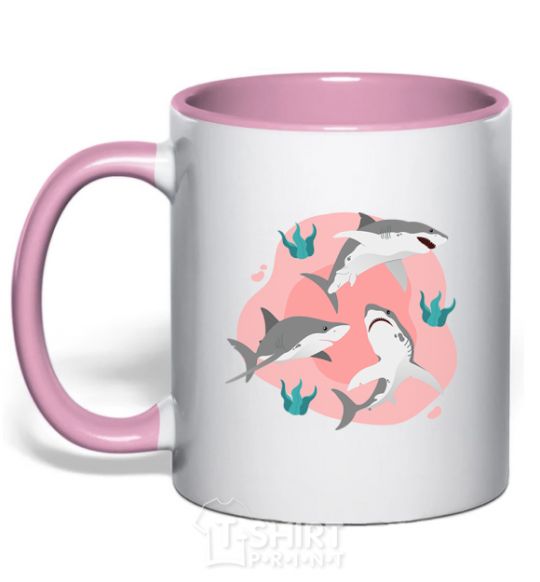 Mug with a colored handle Sharks in pink light-pink фото