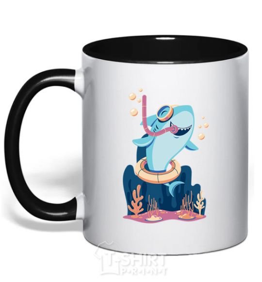 Mug with a colored handle Baby shark black фото