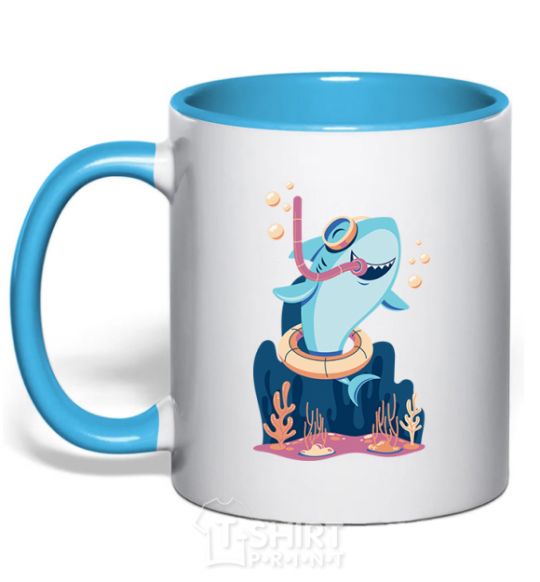 Mug with a colored handle Baby shark sky-blue фото