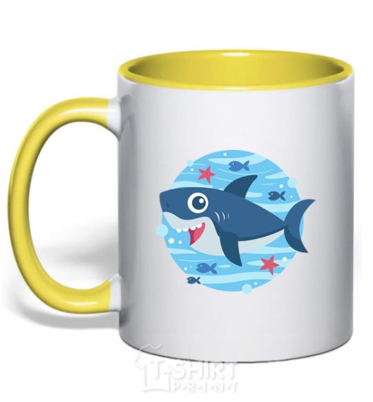 Mug with a colored handle Happy shark yellow фото