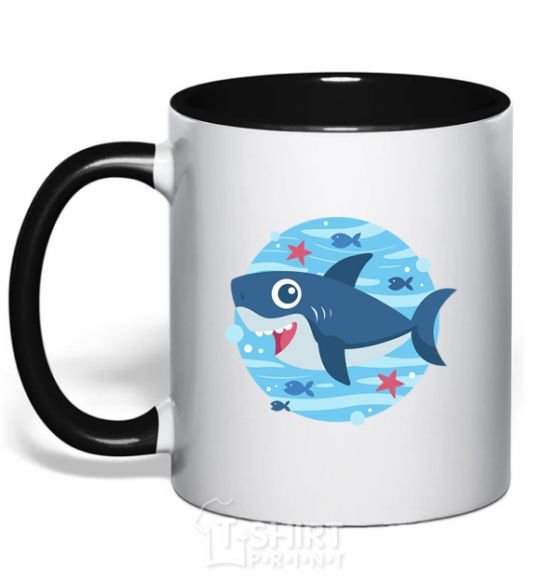 Mug with a colored handle Happy shark black фото