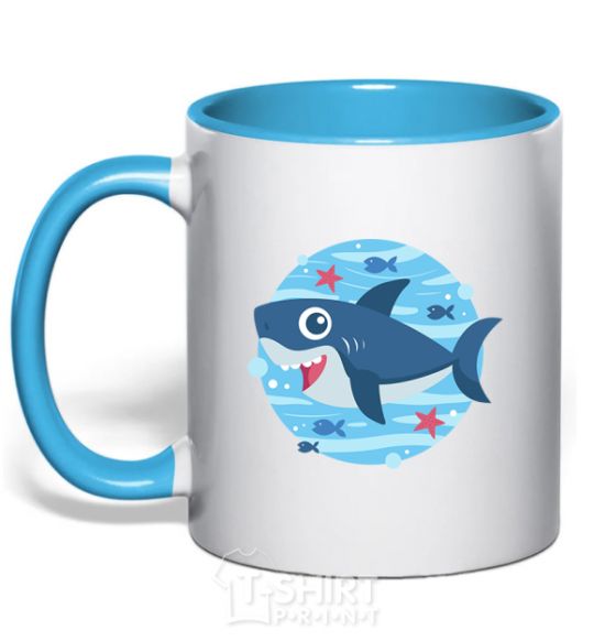 Mug with a colored handle Happy shark sky-blue фото