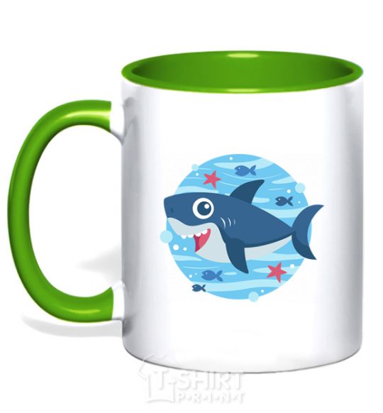 Mug with a colored handle Happy shark kelly-green фото
