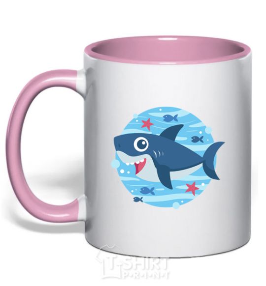 Mug with a colored handle Happy shark light-pink фото