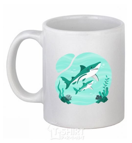 Ceramic mug Turquoise sharks White фото