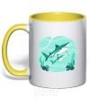 Mug with a colored handle Turquoise sharks yellow фото