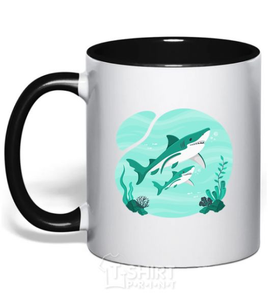 Mug with a colored handle Turquoise sharks black фото