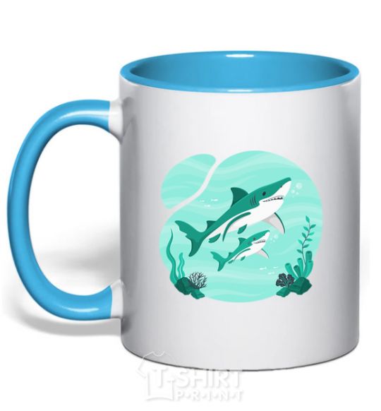 Mug with a colored handle Turquoise sharks sky-blue фото