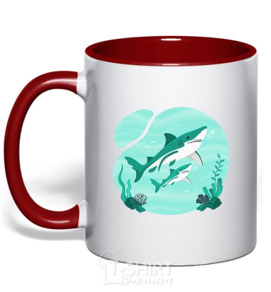 Mug with a colored handle Turquoise sharks red фото