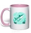 Mug with a colored handle Turquoise sharks light-pink фото