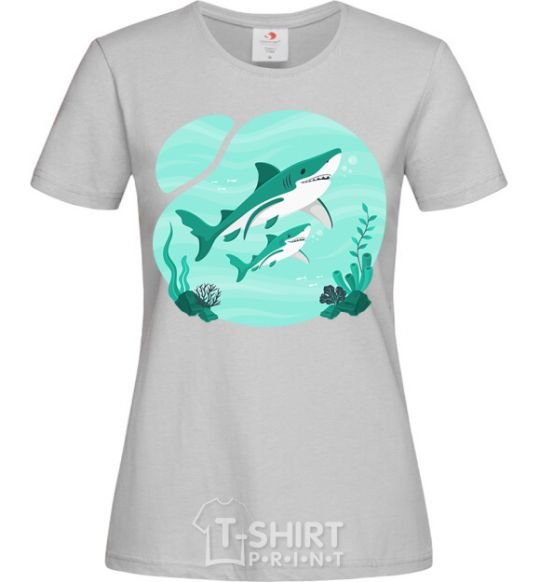 Women's T-shirt Turquoise sharks grey фото