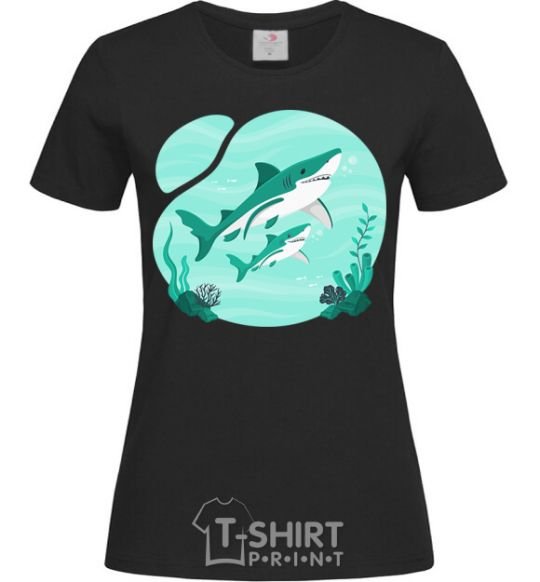 Women's T-shirt Turquoise sharks black фото