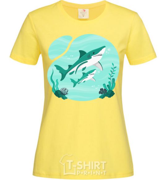 Women's T-shirt Turquoise sharks cornsilk фото