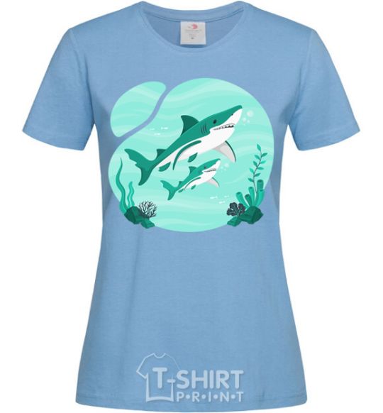 Women's T-shirt Turquoise sharks sky-blue фото