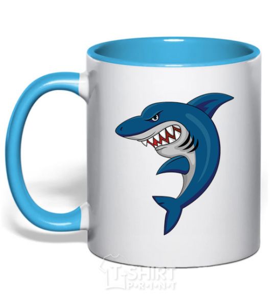 Mug with a colored handle Blue shark sky-blue фото