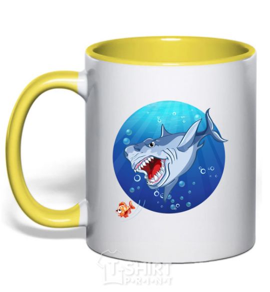 Mug with a colored handle A shark and a fish yellow фото