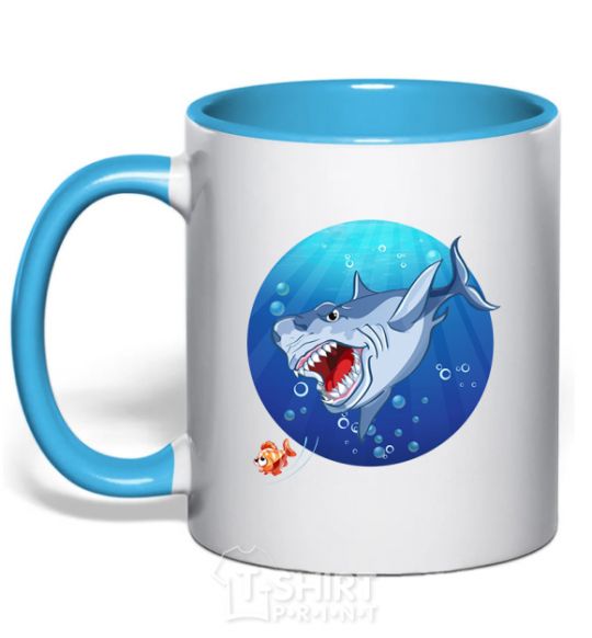 Mug with a colored handle A shark and a fish sky-blue фото