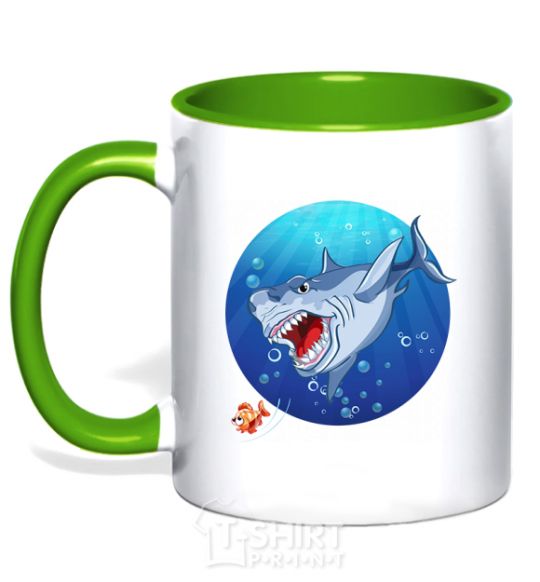 Mug with a colored handle A shark and a fish kelly-green фото