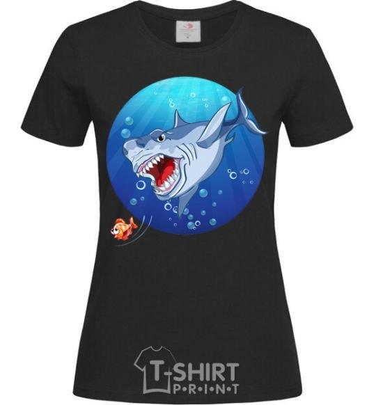 Women's T-shirt A shark and a fish black фото