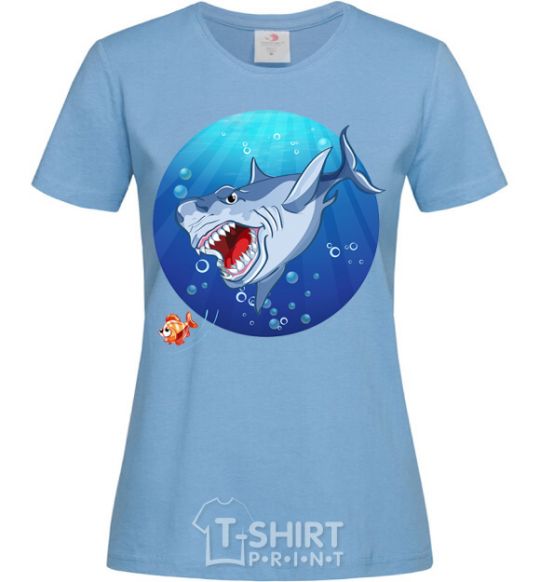 Women's T-shirt A shark and a fish sky-blue фото