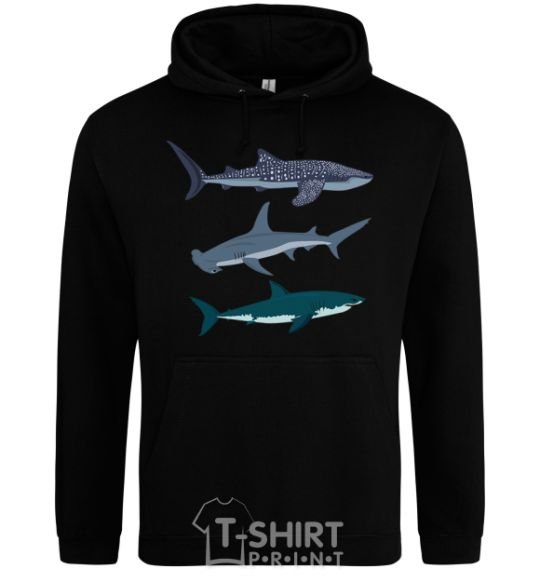 Men`s hoodie Three sharks black фото