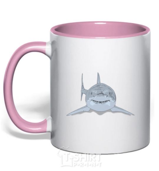 Mug with a colored handle Blue-gray shark light-pink фото