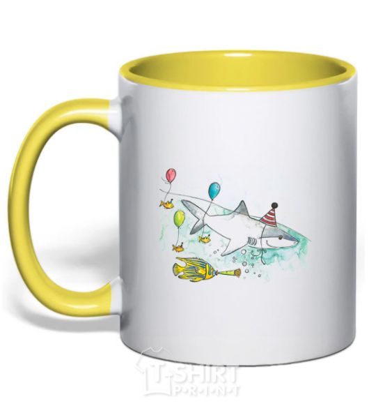 Mug with a colored handle A drawing of a shark yellow фото
