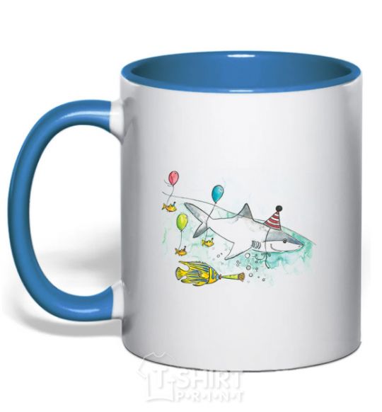 Mug with a colored handle A drawing of a shark royal-blue фото