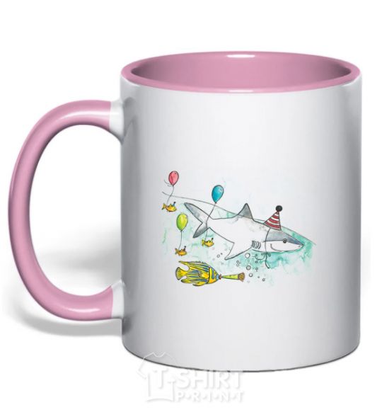 Mug with a colored handle A drawing of a shark light-pink фото