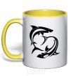 Mug with a colored handle Two sharks yellow фото