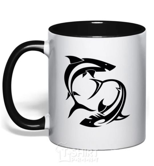 Mug with a colored handle Two sharks black фото