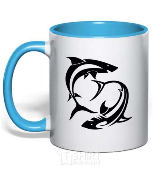 Mug with a colored handle Two sharks sky-blue фото