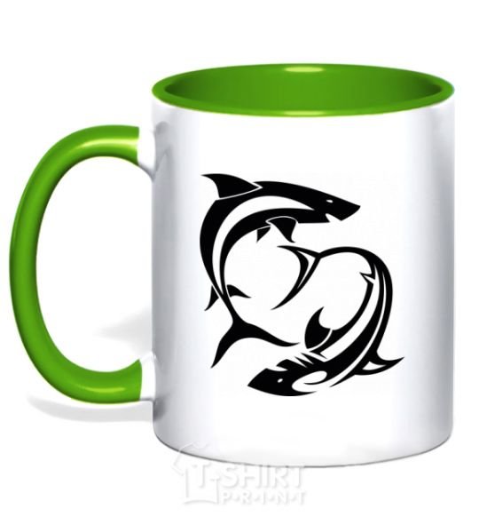 Mug with a colored handle Two sharks kelly-green фото