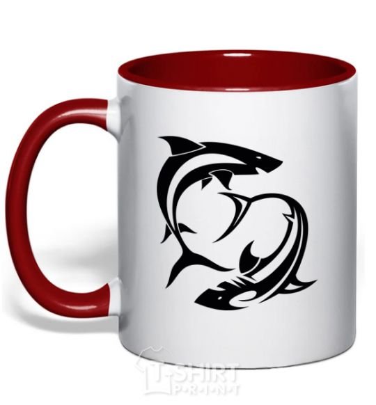 Mug with a colored handle Two sharks red фото