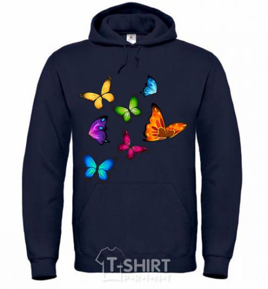 Men`s hoodie Multicolored Butterflies navy-blue фото